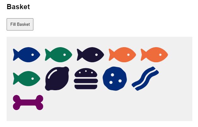 Five fish icons, a lemon icon, a hamburger icon, a cookie icon, a bacon icon, and a bone icon
